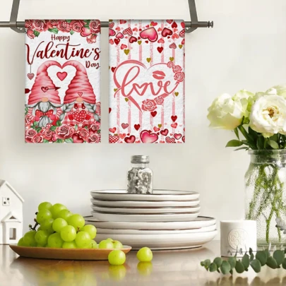 2/4/48pcs Valentine's Day Kitchen Dishcloths, Red & White Striped Heart Pattern Polyester Dishcloths, Absorbent Soft , Suitable For Daily Kitchen Cleaning, Valentine's Day & Wedding Decoration, Adding Romantic Atmosphere, Kitchen Decorative Towels, Valentine's Day & Wedding Decor