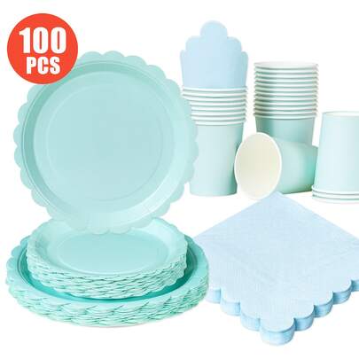 Sky Blue Petal Shaped Disposable Plates, Napkins, Cups - One-Time Party Supplies Set, Suitable For 25 Guests, Disposable Paper Plates Party Tableware For Birthday, Wedding, Theme Party, Family Picnic