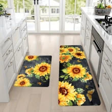 1/2/3 piezas Alfombras de cocina con diseño de girasol y mariposa, fondo negro con diseño floral, base antideslizante, adecuado para cocina, sala de estar, dormitorio, baño, decoración del hogar de primavera/verano - Multicolor - Ver 12