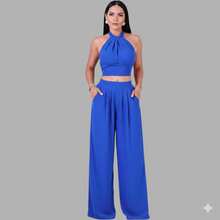 Women's Dune Cropped Top And Wide-Leg Pants Set, Summer Style. - 藍色 - 查看 2