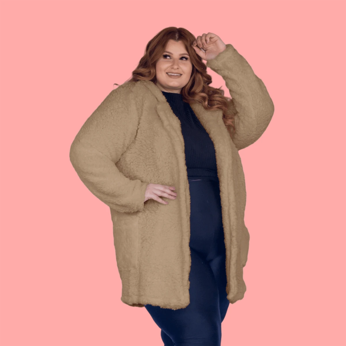Women's Plus Size Long Teddy Coat With Hood And Pockets, Plush Inside And Out. - Rust Brown - View 1