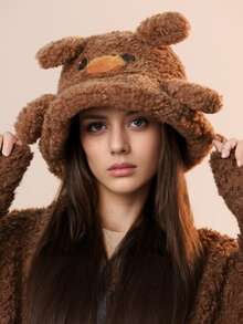 1pc Women's Cute Cartoon Ear Button Fluffy Bucket Hat, Fashionable Personalized Funny Bucket Hat With Wide Brim, Suitable For Various Occasions Like Party, Camping, Dining With Friends, Sun Protection, Windproof And Warm In Spring And Autumn - A - View 1