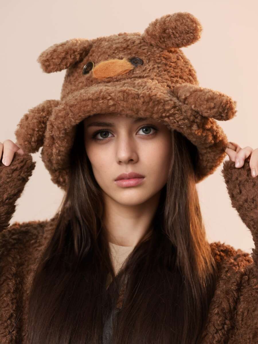 1pc Women's Cute Cartoon Ear Button Fluffy Bucket Hat, Fashionable Personalized Funny Bucket Hat With Wide Brim, Suitable For Various Occasions Like Party, Camping, Dining With Friends, Sun Protection, Windproof And Warm In Spring And Autumn - A - View 1
