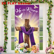 2D Plane1pc, Happy Easter Door Cover Decoration, Polyester He Is Risen Pattern Spring Porch Sign Holiday Party Front Door Hanging Background Indoor Outdoor Banner Home Decor 70x35 Inch - 1 Item - View 5