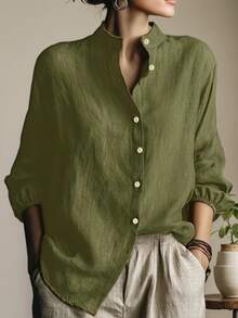 Women's Linen Solid Color Loose 3/4 Sleeve Shirt, Casual Minimalist Vacation Elegant Retro Commute Daily Versatile Collared Long Sleeve Blouse, Suitable For Spring, Summer, Autumn, Winter, Holidays, Christmas, Halloween, Back To School, Graduation, Teacher's Day, Mother's Day, Outings - Army Green - View 3