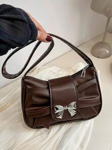 可折叠PU皮革手拿单肩包，饰有金属蝴蝶结，适合日常出行和休闲约会，可爱优雅的小包款式，新月形女士手提包 - 棕色 - 查看 6