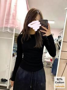女款秋季純棉長袖T恤，黑色百搭上衣，修身純色內搭底層 - 黑色 - 查看 3