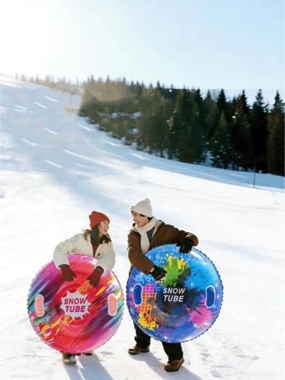 Inflatable Snow Sled Tube - Heavy-Duty PVC Material Foldable Winter Sled Tube With Compatible Inflation Design - Ideal For Skiing, Ski Resort Fun, And As Christmas & New Year Gifts. Colors And Styles Are Randomly Assigned.