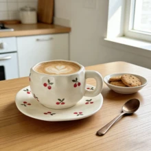 1 set tasse à café et soucoupe coréen mignon, en céramique, style minimaliste, article ménager, tasse à eau, latte de bureau, grande tasse à café, convient pour le matcha, le cold brew, le thé du Moyen-Orient, le café arabe, la grande tasse à café américaine, excellent cadeau pour les amis et la famille - Multicolore - Voir 4
