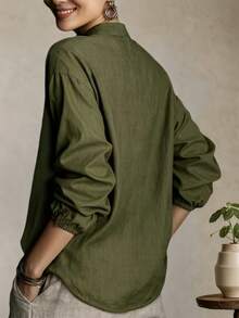 Women's Linen Solid Color Loose 3/4 Sleeve Shirt, Casual Minimalist Vacation Elegant Retro Commute Daily Versatile Collared Long Sleeve Blouse, Suitable For Spring, Summer, Autumn, Winter, Holidays, Christmas, Halloween, Back To School, Graduation, Teacher's Day, Mother's Day, Outings - Army Green - View 5