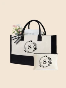 1件/1套花环字母A-Z图案帆布女士手提包，带化妆收纳袋、个性化礼品袋、便携休闲收纳手提包、多功能购物袋，新款设计，大容量 - 黑與白 - 查看 5