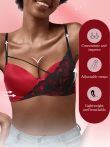 Women's Wine Red And Black Lace Bra - Sexy Glossy Lace Patchwork, Lift And Supportive Design, Comfortable And Breathable, Suitable For Daily Wear And Party Occasions - Burgundy - View 3