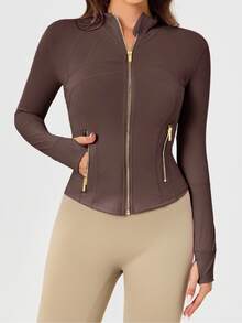 Women's Solid Color BBL Zip Up Sports Jacket With Pockets Gold Zipper High Stretch Lightweight Yoga Tennis Gym Workout Outerwear Workout Clothes Pickleball Clothes - Espresso/Gold - 查看 3