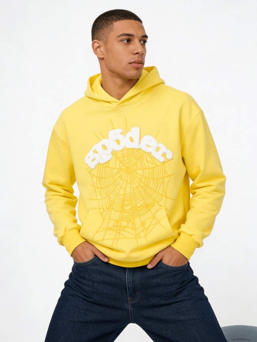 2026 Festival  555 Hoodie - Unisex Spider Web High Street Hip Hop Loose Sweatshirt - 黃色 - 查看 1