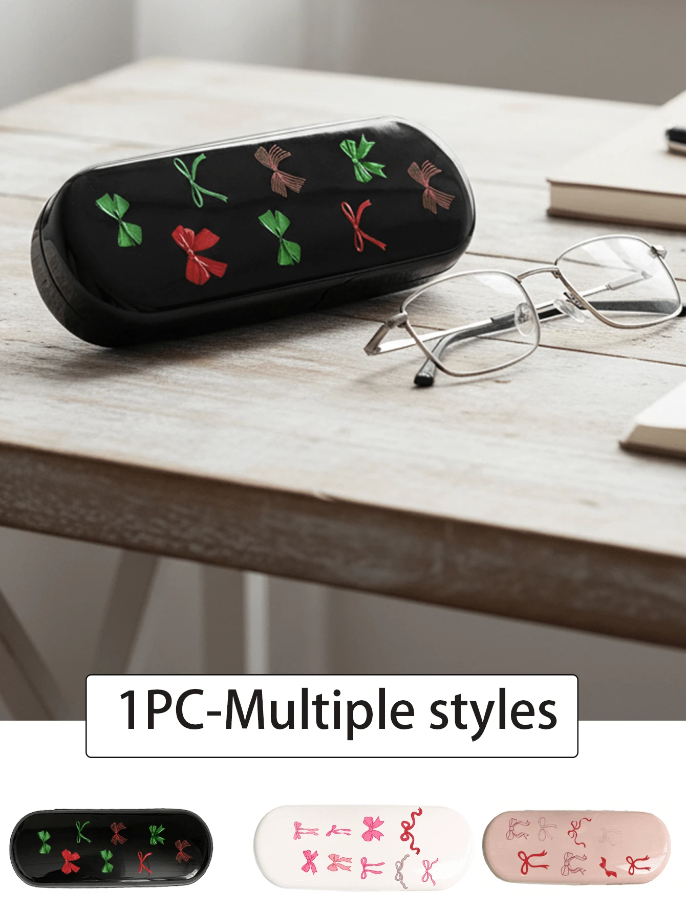 时尚印花眼镜盒 | 红粉蝴蝶结图案眼镜收纳盒 | 防水防污塑料太阳镜架 | 轻便耐用多功能收纳盒，可收纳眼镜、数据线、钥匙、笔和便签本 | 方便携带，适合购物、旅行、约会、工作、上学和宿舍 | 送给爱人、朋友、家人和老师的完美礼物 | 返校季、生日和节日的理想之选