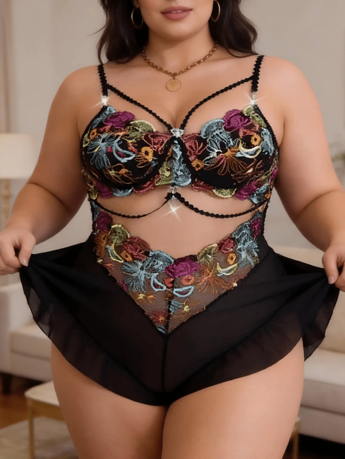 Plus Size Sexy Lingerie For Women Floral Embroidered Lace Bodysuit With Sheer Mesh & Ruffle Hem - màu đen - Xem 1