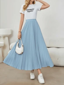Women's Solid Color Pleated Casual Versatile Commute Skirt Spring - Sky Blue - View 6