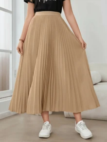 女士纯色百褶休闲通勤半身裙 春季 - 卡其色 - 查看 7