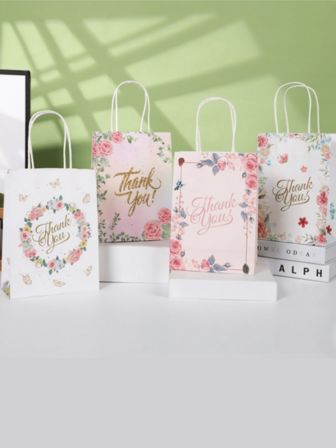 4个/8个/16个装花卉系列礼品袋，高档牛皮纸袋，带“谢谢”字样提手，生日礼物礼品袋