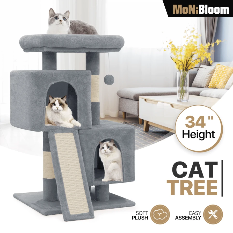 Cat Tree, 34 Inch Cat Tree Tower With 2 Cat Condo, Cat Tower With Scratching Post & Sisal-Covered Scratching Board, Cat Climbing Tower, Cat Tree For Indoor Cats - Light Grey - View 1