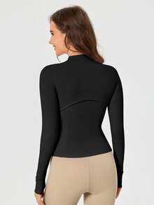 Women's Solid Color BBL Zip Up Sports Jacket With Pockets Gold Zipper High Stretch Lightweight Yoga Tennis Gym Workout Outerwear Workout Clothes Pickleball Clothes - 黑色/金色 - 查看 2