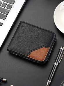 Men's Wallet, Fashionable Retro Color Block Large Capacity Wallet, Zipper Wallet, Coin Purse, Men's Short Chain Wallet - Multicolor - View 10