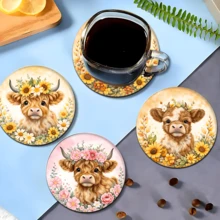 6pcs Cute Highland Cow Pattern Coaster Set, Home Decor Absorbent Silicone Coasters For Tea Cup, Water Glass, Wine Glass, Coffee Mug, Suitable For Home, Party, Kitchen Accessories, All Season Decoration - Multicolor - View 9