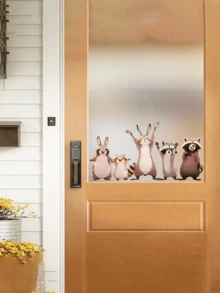 1pc Cartoon Animal Glass Sticker, Cute Rabbit & Raccoon Window & Door Decor Sticker, Children's Room Window Sticker, Self-Adhesive & Removable - Multicolor - View 1