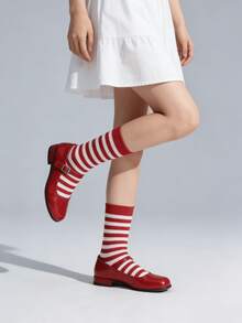 1/4 Pair Versatile Red Striped & Polka Dot Mid-Calf Socks, Autumn/Winter - Multicolor - View 12
