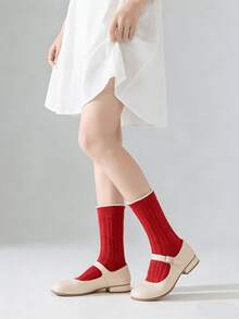 1/4 Pair Versatile Red Striped & Polka Dot Mid-Calf Socks, Autumn/Winter - Multicolor - View 16