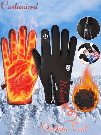 1 Pair Customized Unisex Winter Warm Gloves, Touchscreen Sensitive, Thick Padding Windproof, Suitable For Outdoor Cycling, Running, Skiing, Sports Like Football, American Football, Mountain Biking, Ideal For New Year Gift, Skiing Gloves