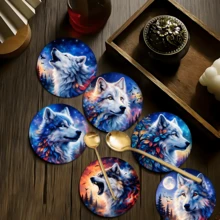 6pcs Siberian Wolf Pattern Coaster Set, Home Decor Absorbent Silica Gel Coasters For Tea Cup, Water Glass, Wine Glass, Coffee Mug, Suitable For Home, Party, Kitchen Accessories, All Season Decoration - Multicolor - View 2