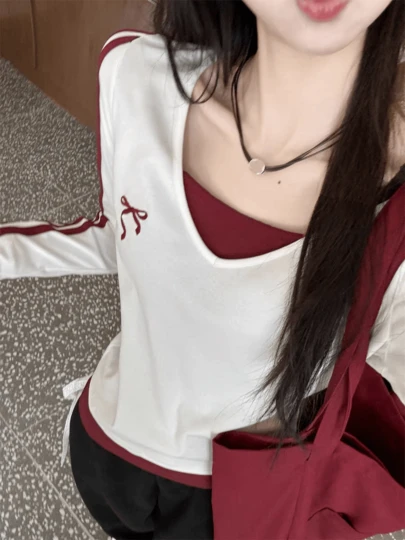 SAOYANGYU 女士蝴蝶结刺绣撞色修身长袖上衣