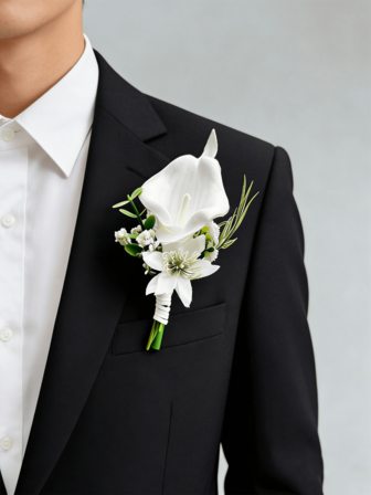 1 st/6 st konstgjorda PU Calla blommor brudgum boutonniere man bror corsage examen nål kostym bröllopsblommor festdekoration