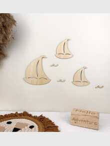 Nautical Theme Wooden Wall Decor - Laser Cut Wooden Art Of Sailboat And Ocean Themes, Suitable For Children's Room, Baby Boy Nursery Decoration - Light Brown - View 3