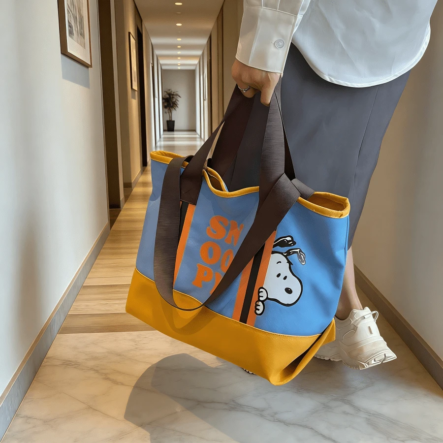 1个史努比主题帆布手提袋，帆布材质，轻便，适合日常通勤、学生化妆品收纳、生日、情人节、派对礼物和返校用品。