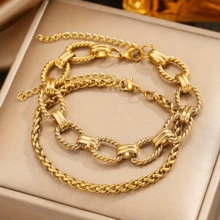 2pcs Women's Gold Tone Stainless Steel Bracelet Set, Includes Figaro Chain & Cuban Chain, Thick Link Anti-Fade Minimalist Jewelry, Suitable For Daily Wear And Travel, Great Gift For Her - Bracelet - View 10