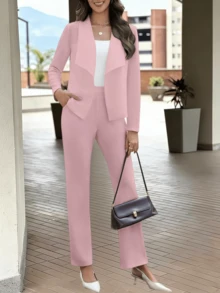 CALEBGAR [365-Day Suit Collection]Women's Cardigan Pantsuit Two-Piece Set, Business-Casual Wear For Spring, Summer, Fall, And Winter, Y2K Style Custom Workplace Wardrobe - Hồng - Xem 1