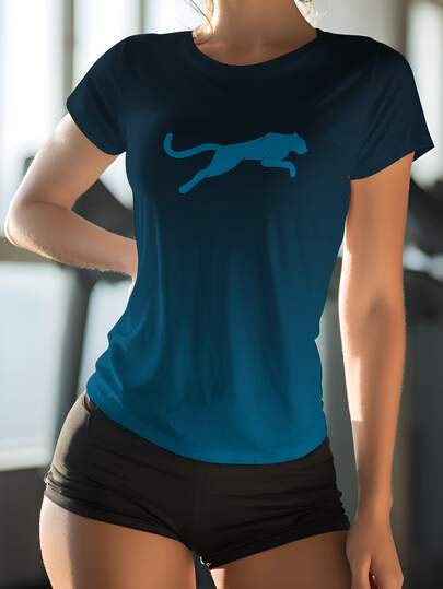 女士透气休闲短袖圆领T恤，渐变色图案，涤纶混纺面料，可机洗，适合夏季运动休闲穿着，健身上衣