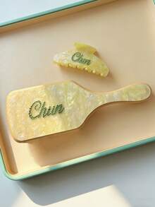 2件套水钻发饰套装，个性化名字爪夹、发梳，女士时尚亚克力闪光名字定制大理石纹发梳发夹套装，独特新娘伴娘礼物，情人节礼物，女士发饰