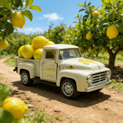 1pc Mini Lemon Truck Decor, Metal Lemon Truck Decor For Home, Miniature Realistic Lemon Farmhouse Decor For Dining Table, Summer Decoration For Home And Kitchen, Mini Lemon Truck Party Decor, Yellow/Cream, Suitable For Valentine's Day, Gifts, School
