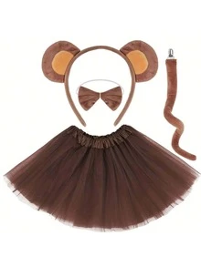 4pcs Cartoon Monkey Costume Accessories Set (Headband + Bow Tie + Tail + Tutu Skirt), Festival Headdress With Bow Tie Decor, Non-Electric, No Feathers, Polyester Fiber, Perfect For Festival Parties, Birthdays And Weddings - Multicolor - View 4