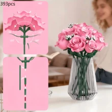 393片粉色玫瑰花束积木，成人款，人造花拼搭套装，适用于桌面和房间装饰，情人节、周年纪念日、生日礼物，男女皆宜 - 彩色 - 查看 3