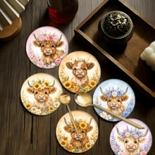 6pcs Cute Highland Cow Pattern Coaster Set, Home Decor Absorbent Silicone Coasters For Tea Cup, Water Glass, Wine Glass, Coffee Mug, Suitable For Home, Party, Kitchen Accessories, All Season Decoration - Multicolor - View 1