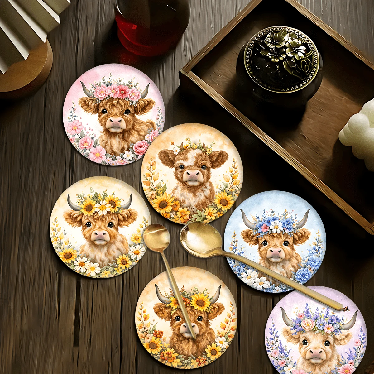 6pcs Cute Highland Cow Pattern Coaster Set, Home Decor Absorbent Silicone Coasters For Tea Cup, Water Glass, Wine Glass, Coffee Mug, Suitable For Home, Party, Kitchen Accessories, All Season Decoration - Multicolor - View 1