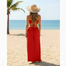 Women's Long Dress With Cutouts And Side Slit, Elegant And Premium Finish. Long Dress With Two Neckline Styles And Side Slit. Features Cutouts, A Slit, And A Tie At The Neckline. Elegant, Casual, Party, Split Fabric, Side Opening, Bare Back, Drawstring Tie. 2-In-1. Suitable For: Beach, Night, Garden, Photoshoot, Street, Birthday Party, Stage And Concert, Bachelorette Party, Travel, Vacation. - 紅色 - 查看 3