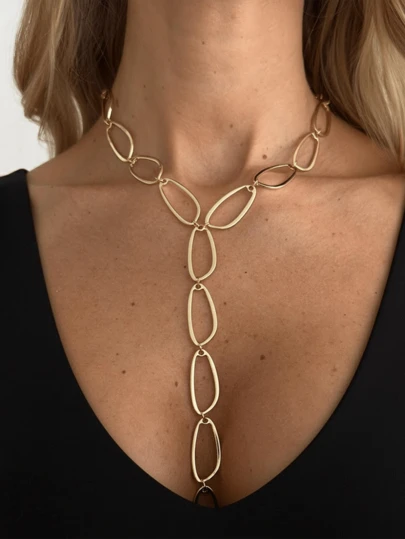 1pc Vintage Exaggerated Geometric Hollow Oval Patchwork Metal Chain Y-Shaped Tassel Charm Necklace, Luxurious & Elegant, Suitable For Wedding, Party, Vacation, Casual, Street Style, Women's Gift For Couples, Holiday, Birthday