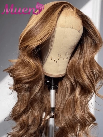 Ombre Honey Blonde Lace Front Wig Human Blended Hair 13x4 Body Wave Highlight Wig Human Blended Hair 200% Density 4/27 Colored Honey Blonde HD Lace Frontal Wigs For Women 5x5 Pre Cut Glueless Human Blended Hair Lace Wig Brazilian Pre Plucked With Baby Hair