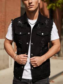 247 Men's Sleeveless Denim Vest - Black Distressed Casual All-Season Jacket, Raw-Edge Hem And Chest Button Pocket, Cotton Relaxed Fit, Suitable For Motorcycle Riding Or Punk Style, Casual Wear Vest | Button Closure Design, Heavyweight Denim Fabric - 黑色 - 查看 10