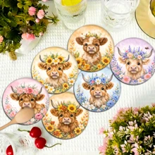 6pcs Cute Highland Cow Pattern Coaster Set, Home Decor Absorbent Silicone Coasters For Tea Cup, Water Glass, Wine Glass, Coffee Mug, Suitable For Home, Party, Kitchen Accessories, All Season Decoration - Multicolor - View 5